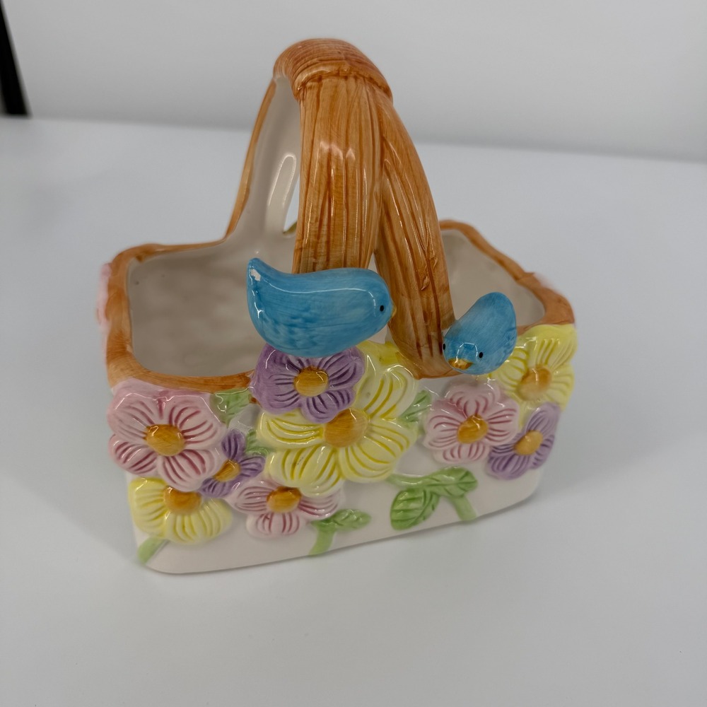 Teleflora Floral Basket Planter Blue Birds Multicolor Ceramic Spring Cottagecore